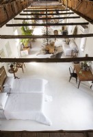 Overhead view of open plan living area in converted shed 
