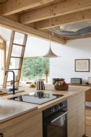 Small kitchen in open plan wooden cabin