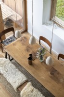 Overhead view of wooden country dining table