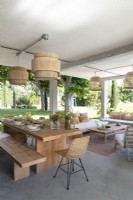 Covered outdoor living and dining area