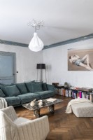 Eclectic living room with stripped painted walls