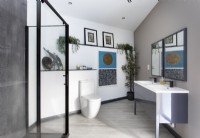 Artwork and houseplants in contemporary bathroom