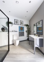 Artwork and houseplants in minimal contemporary bathroom