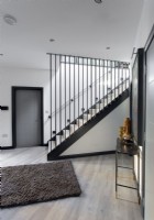Modern hallway with black metal rails on staircase