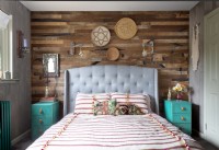 Wooden feature wall in eclectic bedroom