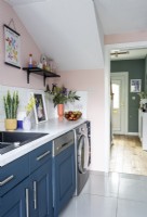 Modern kitchen with blue units and pink painted walls