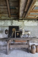 Antique portrait paintings on old wooden workbench