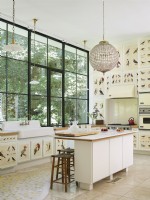 Contemporary kitchen with black steel windows and decoupage bird cabinets