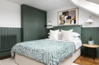 Bedroom makeover with green paneling.