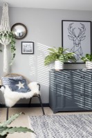 Grey and white sitting room, corner chair with hanging plant