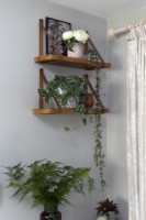 House plants on rustic shelves in grey and white sitting room