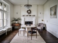 Drawing room with fireplace and window seating
