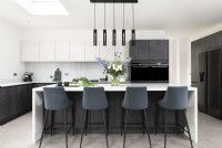 Contemporary monochrome kitchen with large island.