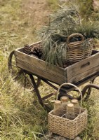 Vintage wheelbarrow with foraged pine cones and baskets